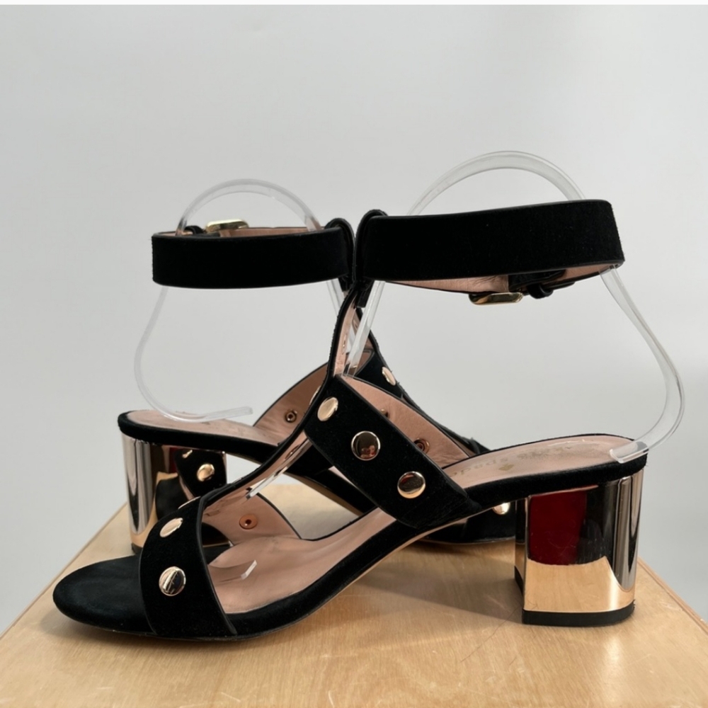 NWT Kate Spade Oakwood City Studded Suede & Gold Wedge Chunky Heel Sandal - Picture 9 of 9